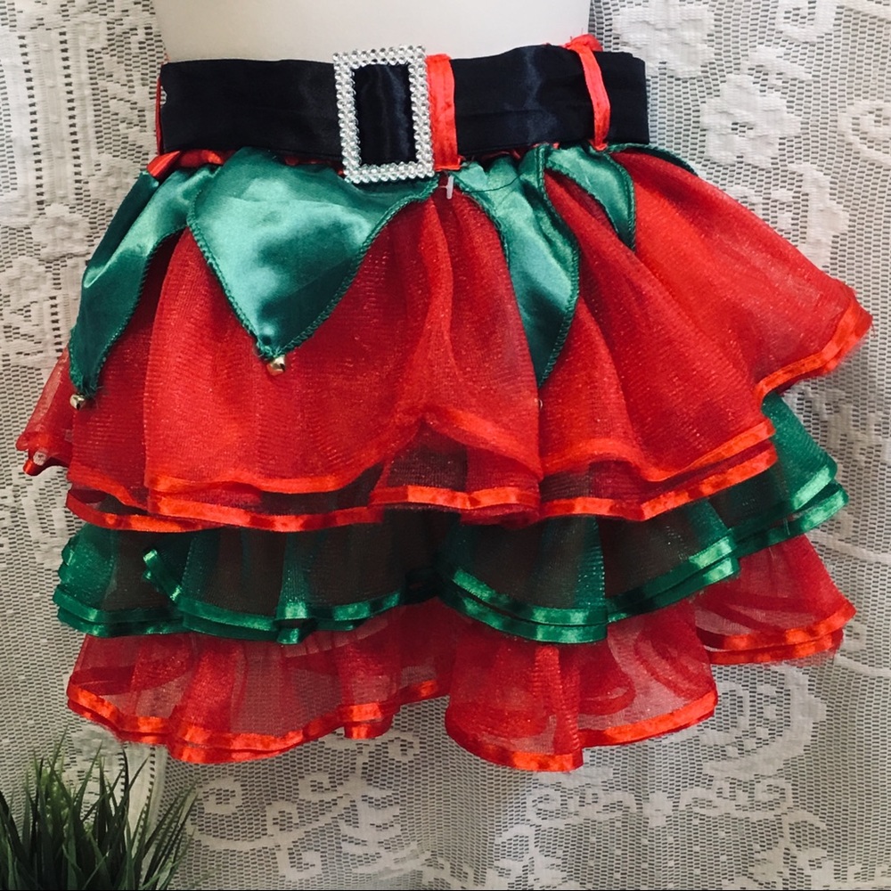 Girls Christmas Elf Tiered Tulle Skirt green and red - Picture 2 of 7